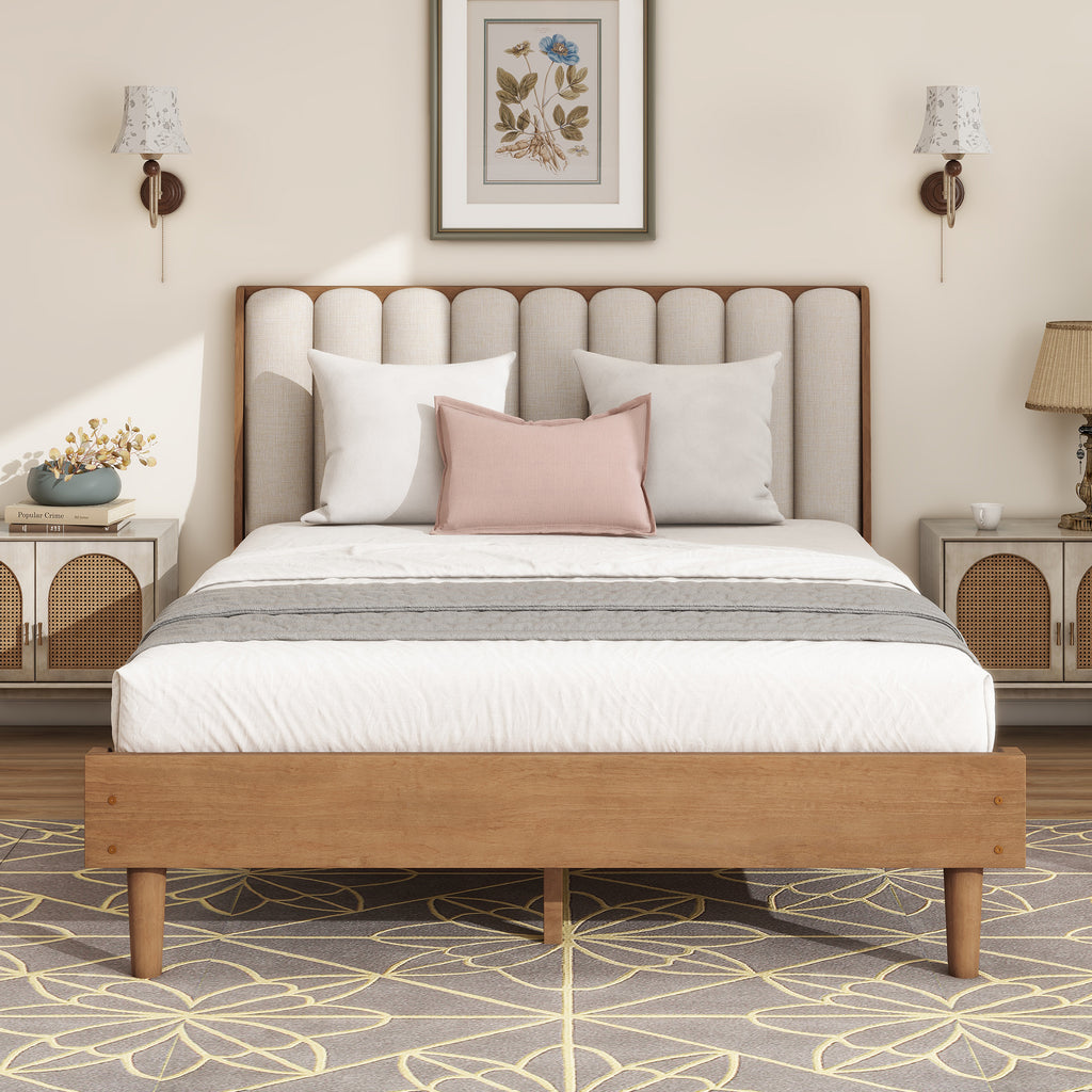 Queen Size Wood Bed with Piano Key Style Upholstered Headboard , Wood Bed with Strengthened Bed Frame,WHEAT
