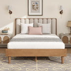 Queen Size Wood Bed with Piano Key Style Upholstered Headboard , Wood Bed with Strengthened Bed Frame,WHEAT