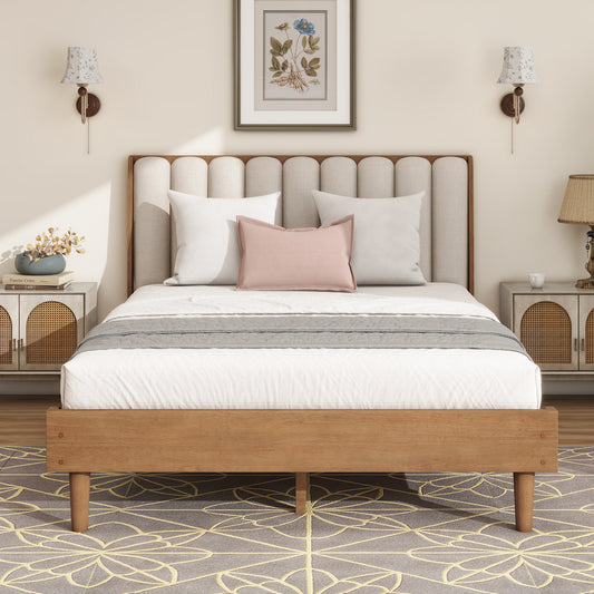 Queen Size Wood Bed with Piano Key Style Upholstered Headboard , Wood Bed with Strengthened Bed Frame,WHEAT