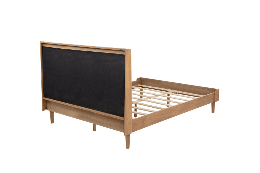 Queen Size Wood Bed with Piano Key Style Upholstered Headboard , Wood Bed with Strengthened Bed Frame,WHEAT
