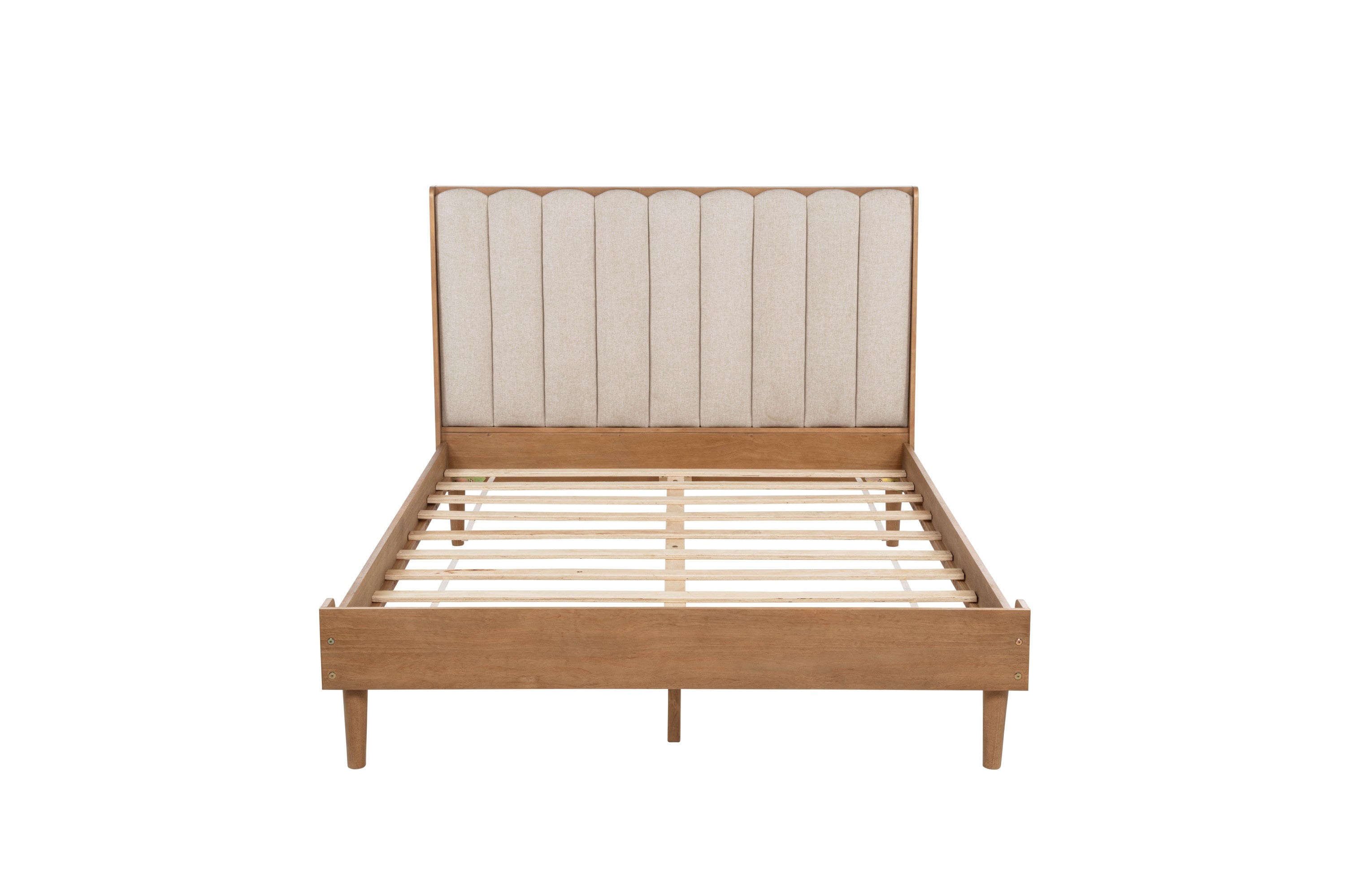 Queen Size Wood Bed with Piano Key Style Upholstered Headboard , Wood Bed with Strengthened Bed Frame,WHEAT