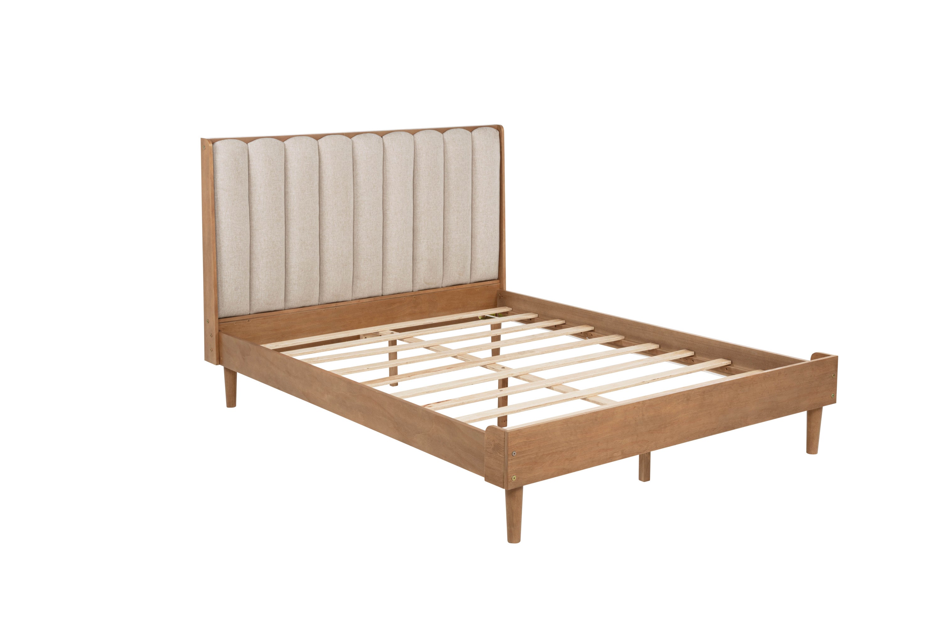 Queen Size Wood Bed with Piano Key Style Upholstered Headboard , Wood Bed with Strengthened Bed Frame,WHEAT