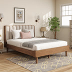 Queen Size Wood Bed with Piano Key Style Upholstered Headboard , Wood Bed with Strengthened Bed Frame,WHEAT