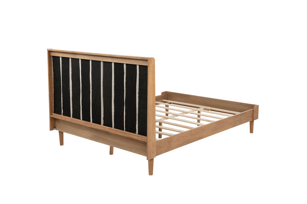 Queen Size Wood Bed with Piano Key Style Upholstered Headboard , Wood Bed with Strengthened Bed Frame,WHEAT