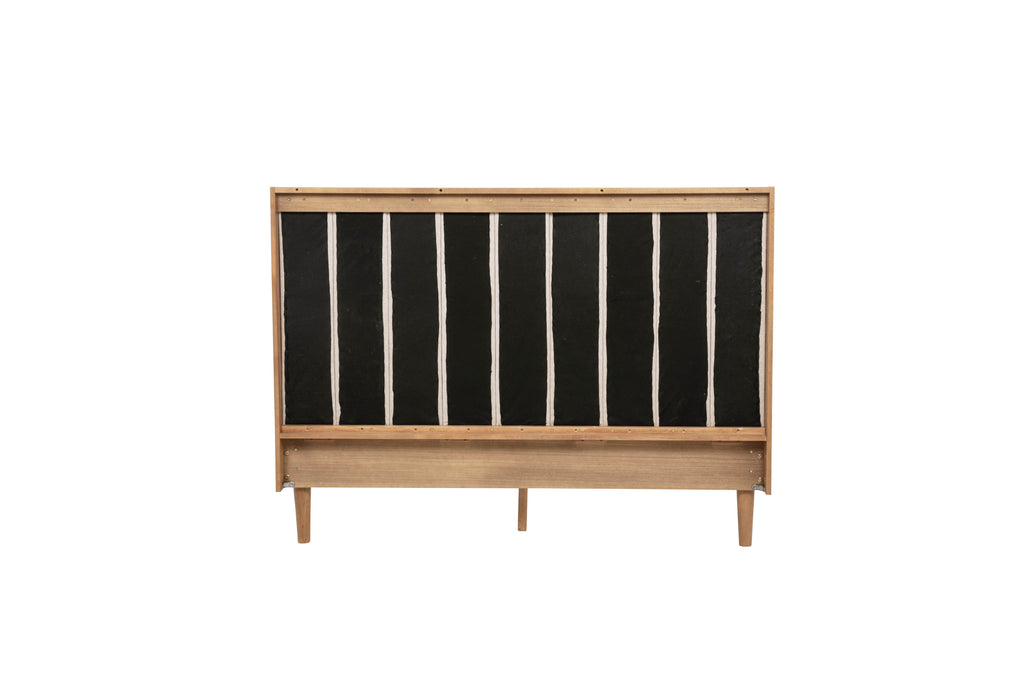 Queen Size Wood Bed with Piano Key Style Upholstered Headboard , Wood Bed with Strengthened Bed Frame,WHEAT