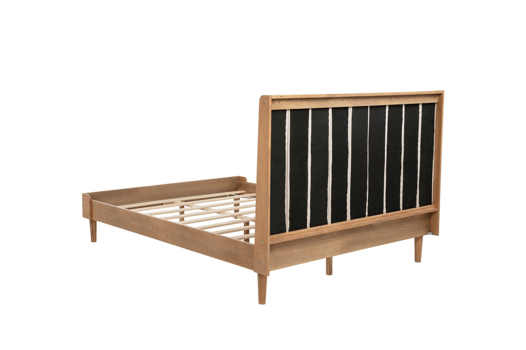 Queen Size Wood Bed with Piano Key Style Upholstered Headboard , Wood Bed with Strengthened Bed Frame,WHEAT