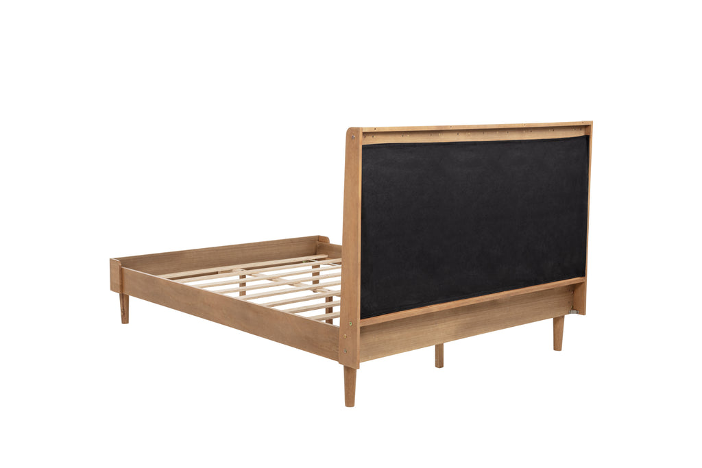 Queen Size Wood Bed with Piano Key Style Upholstered Headboard , Wood Bed with Strengthened Bed Frame,WHEAT