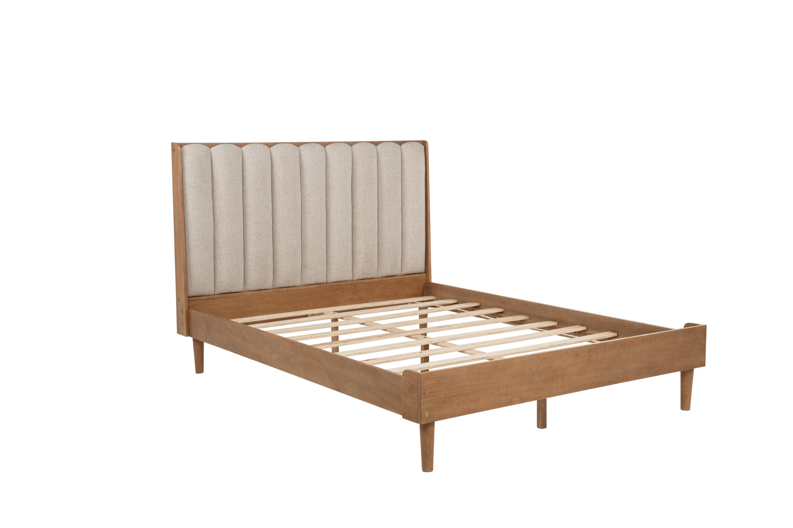 Queen Size Wood Bed with Piano Key Style Upholstered Headboard , Wood Bed with Strengthened Bed Frame,WHEAT