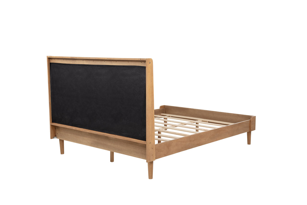 Queen Size Wood Bed with Piano Key Style Upholstered Headboard , Wood Bed with Strengthened Bed Frame,WHEAT