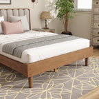 Queen Size Wood Bed with Piano Key Style Upholstered Headboard , Wood Bed with Strengthened Bed Frame,WHEAT