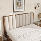 Queen Size Wood Bed with Piano Key Style Upholstered Headboard , Wood Bed with Strengthened Bed Frame,WHEAT