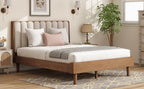 Queen Size Wood Bed with Piano Key Style Upholstered Headboard , Wood Bed with Strengthened Bed Frame,WHEAT