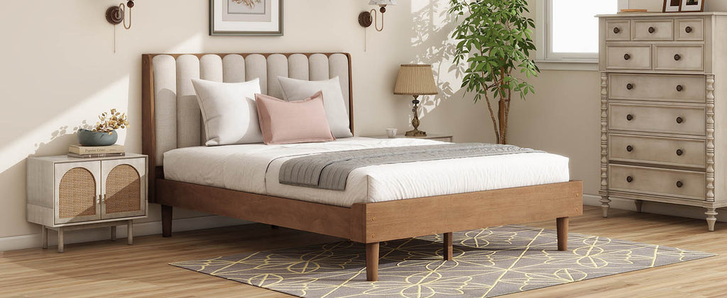 Queen Size Wood Bed with Piano Key Style Upholstered Headboard , Wood Bed with Strengthened Bed Frame,WHEAT