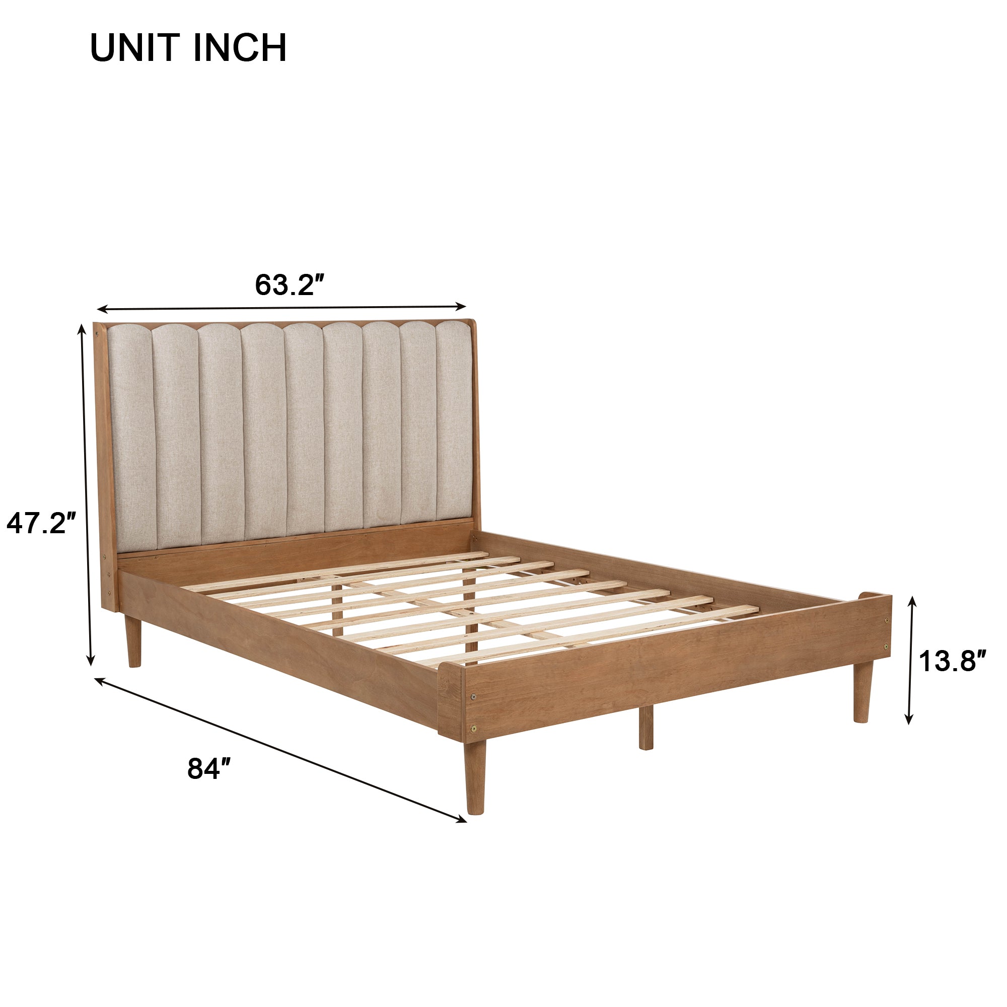Queen Size Wood Bed with Piano Key Style Upholstered Headboard , Wood Bed with Strengthened Bed Frame,WHEAT