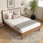 Queen Size Wood Bed with Piano Key Style Upholstered Headboard , Wood Bed with Strengthened Bed Frame,WHEAT