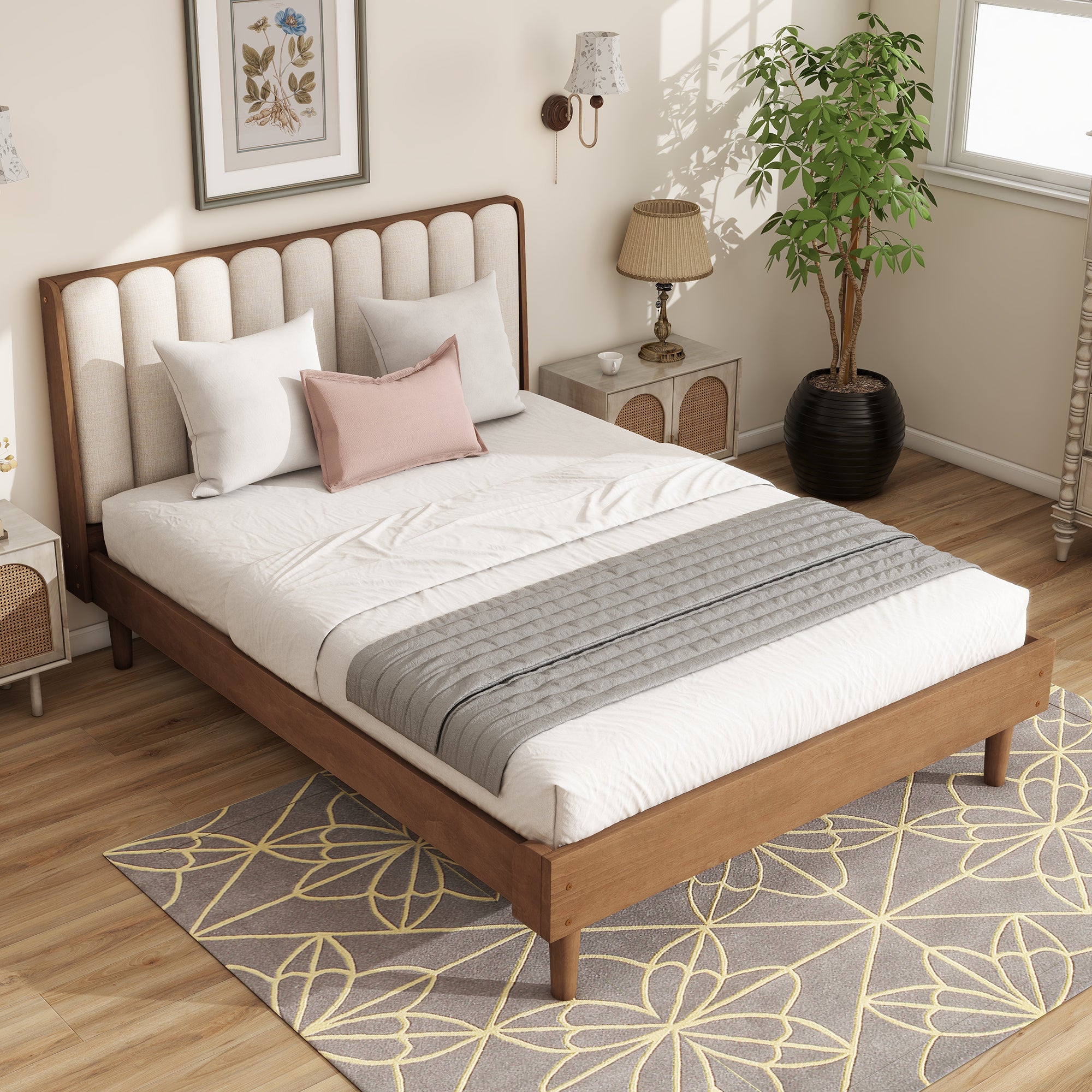 Queen Size Wood Bed with Piano Key Style Upholstered Headboard , Wood Bed with Strengthened Bed Frame,WHEAT