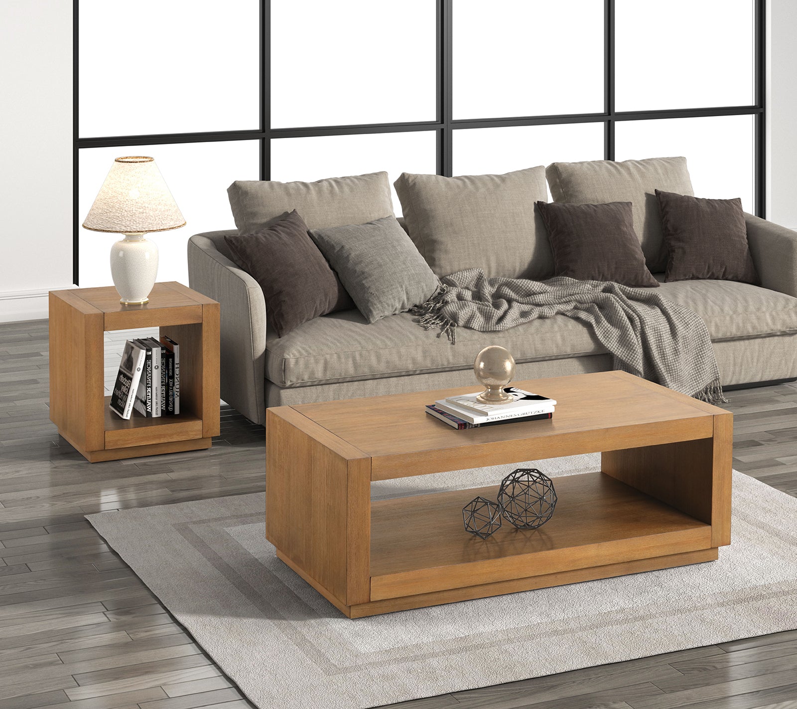 Rectangle coffee Table Plinth Base Open Bottom shelf Contemporary Medium Oak Finish Primary Living Room Coffee Table