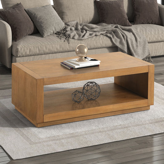 Rectangle coffee Table Plinth Base Open Bottom shelf Contemporary Medium Oak Finish Primary Living Room Coffee Table