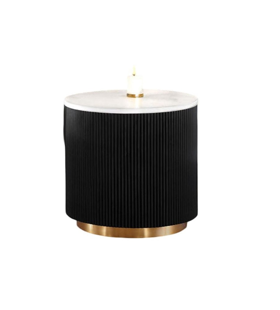 Contemporary Style 1pc Round End Table Marble Top Gold Accent Plinth Base Black White And Gold Finish Primary Living Room End Table