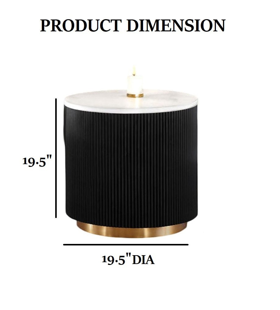 Contemporary Style 1pc Round End Table Marble Top Gold Accent Plinth Base Black White And Gold Finish Primary Living Room End Table