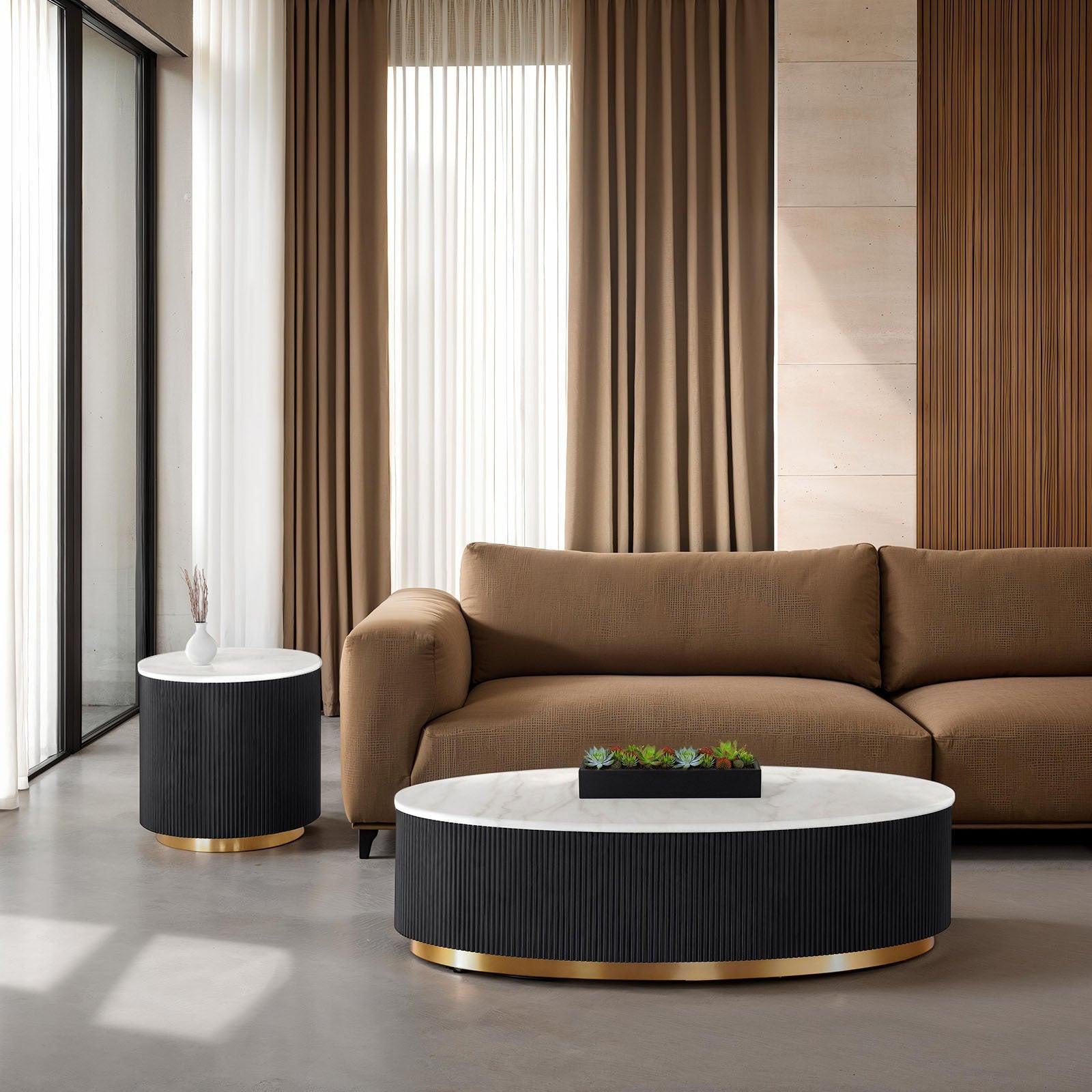 Contemporary Round End Table with Marble Top and Gold Base.