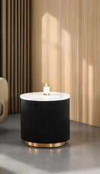 Contemporary Round End Table with Marble Top and Gold Base.
