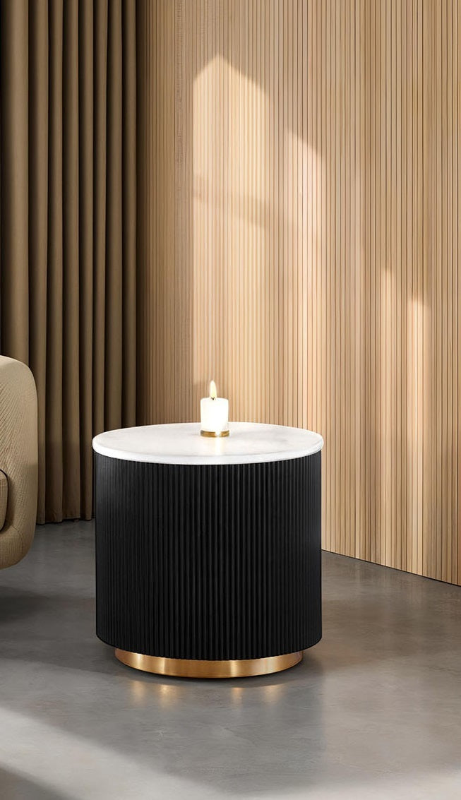 Contemporary Style 1pc Round End Table Marble Top Gold Accent Plinth Base Black White And Gold Finish Primary Living Room End Table