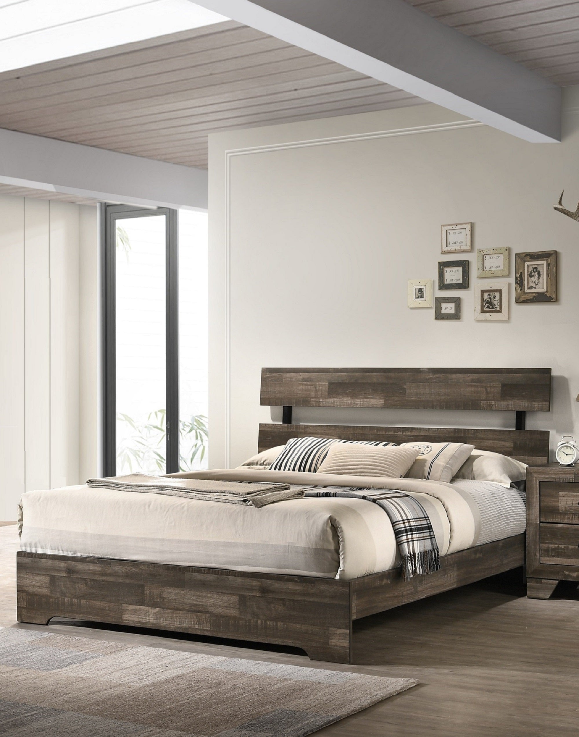 1pc Rustic Full Platform Bed Slat Headboard Low-profile Bed Frame Brown Finish Contemporary Bedroom Furniture