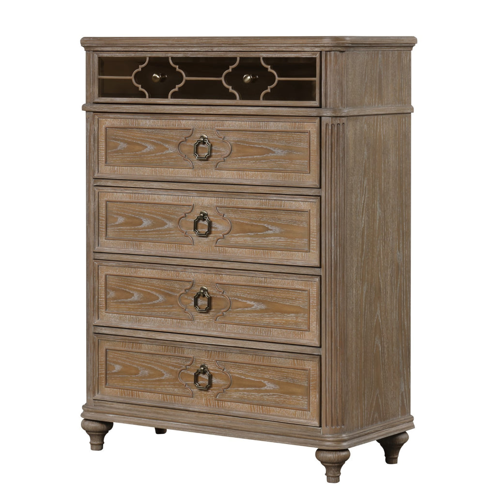 Simple Contemporary 1pc Chest of Drawers Rustic Oak Veneer Solid wood English Back Dovetail Drawers Bedroom Furniture Mirror Panel
