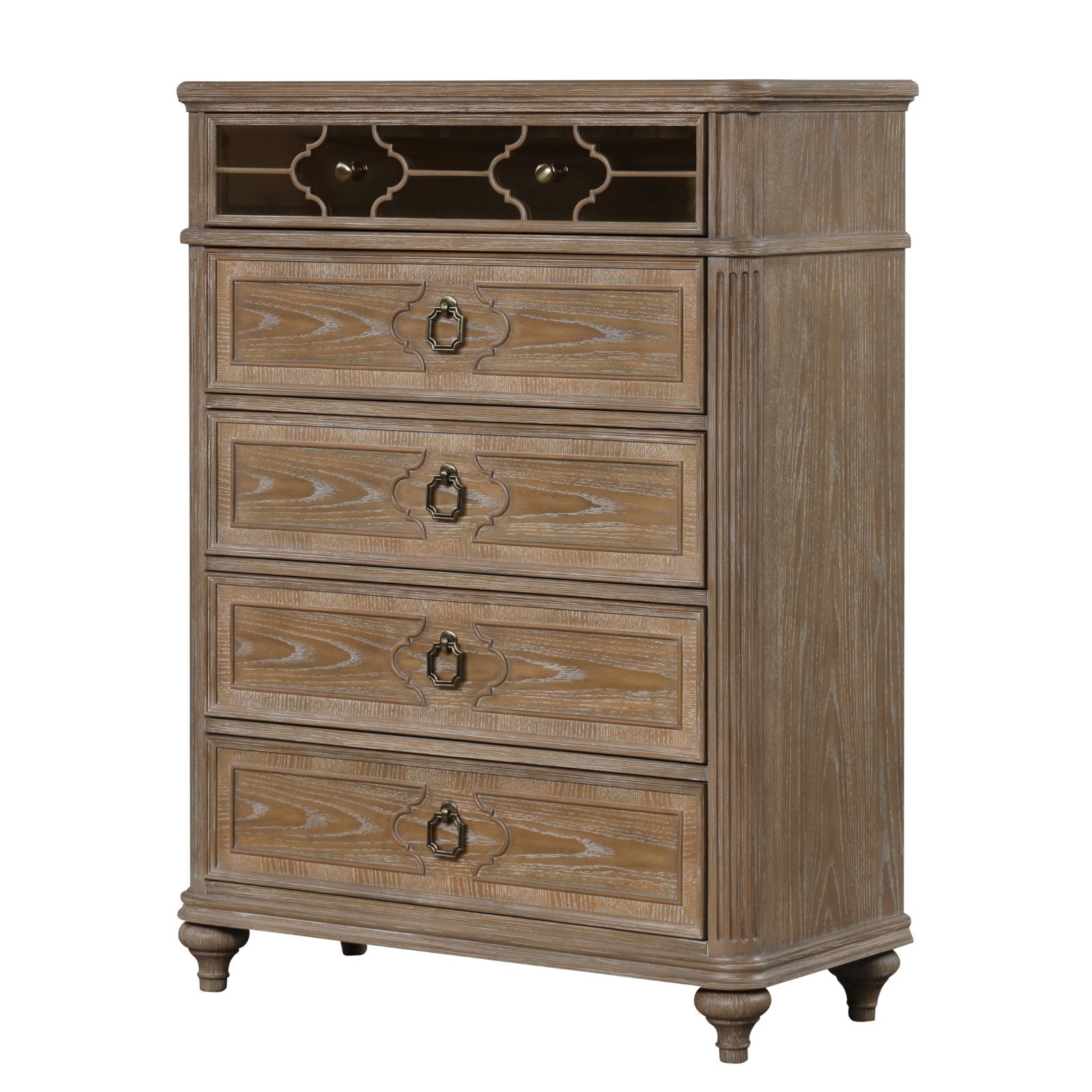 Simple Contemporary 1pc Chest of Drawers Rustic Oak Veneer Solid wood English Back Dovetail Drawers Bedroom Furniture Mirror Panel