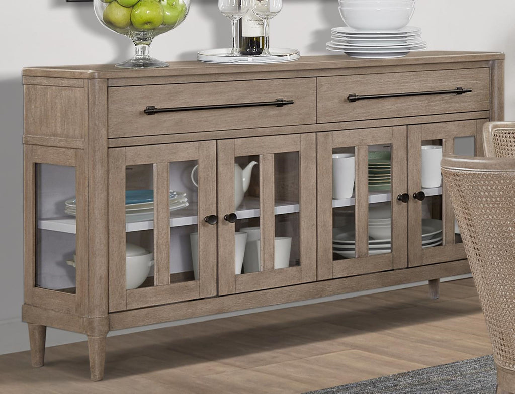 Contemporary Sand Solid Wood Buffet with Glass Doors