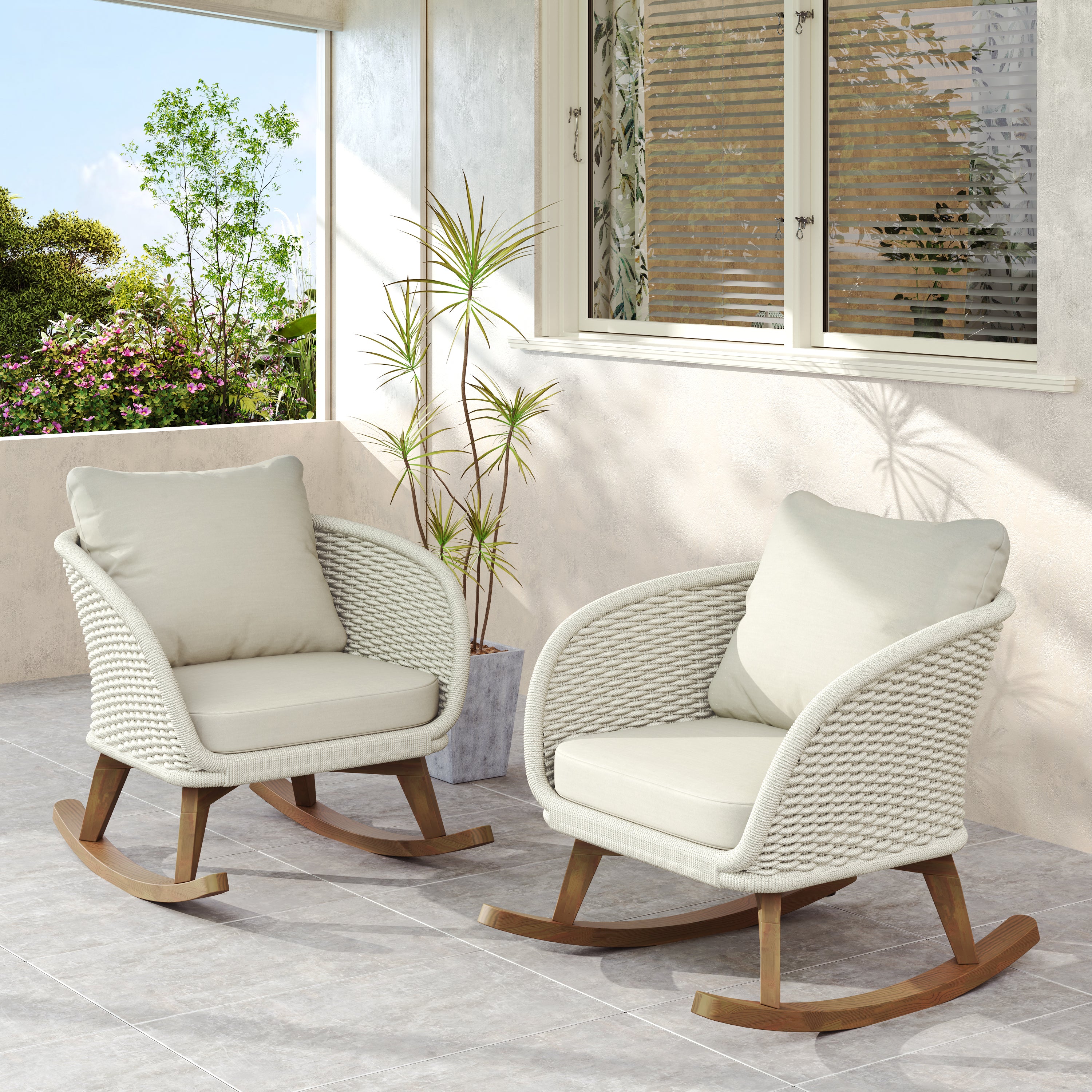 [Set of 2] 29.5' Contemporary Minimalist Beige Wicker Rocking Chair with Soft Polyester Cushions and Durable Wooden Frame, Perfect for Indoor and Outdoor Spaces like Patio, Balcony, or Living Room