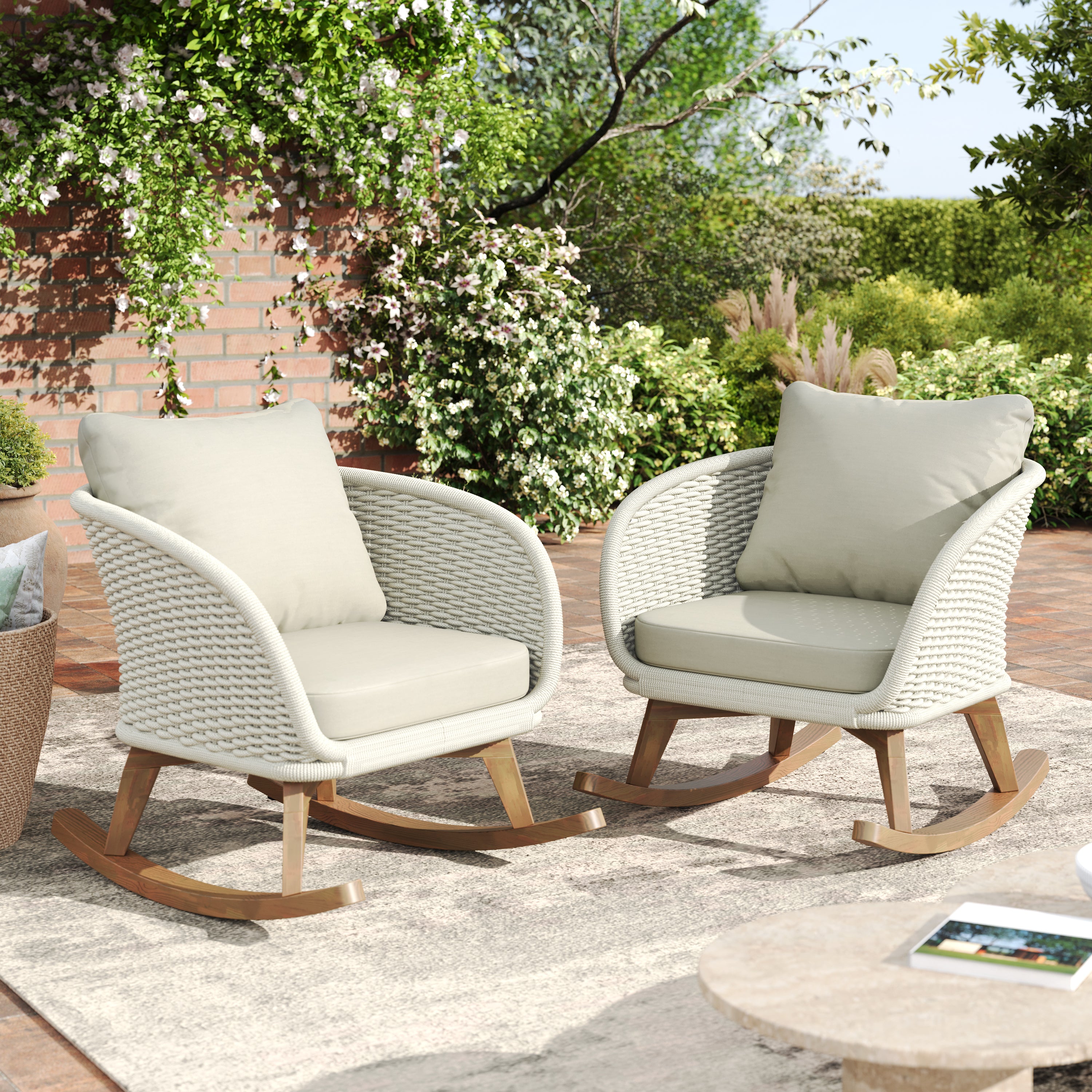 [Set of 2] 29.5' Contemporary Minimalist Beige Wicker Rocking Chair with Soft Polyester Cushions and Durable Wooden Frame, Perfect for Indoor and Outdoor Spaces like Patio, Balcony, or Living Room
