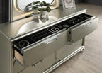 Contemporary Silver 6-Drawer Dresser with Embossed Panels.