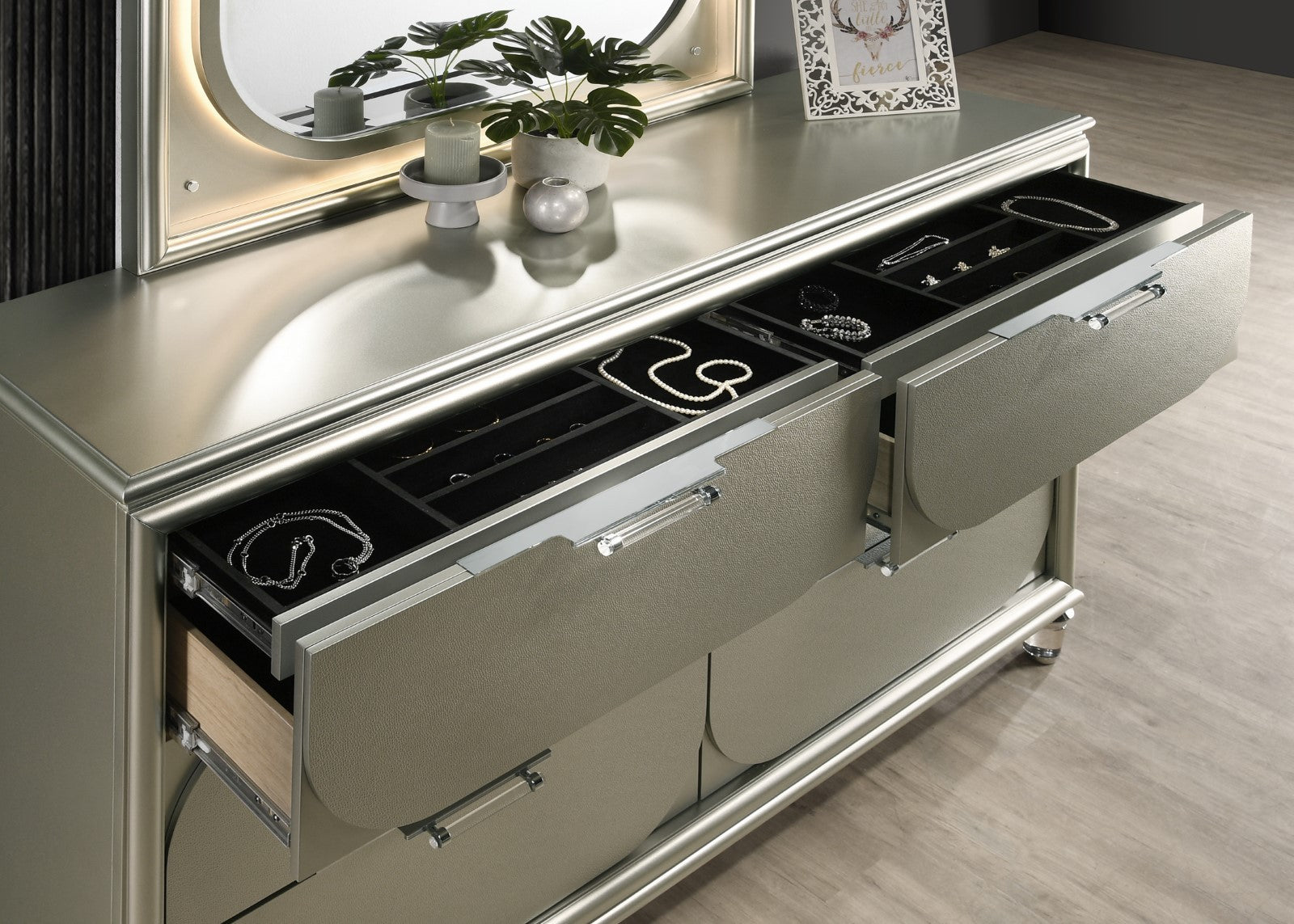 Contemporary Silver 1pc Dresser Acrylic Handles Embossed Panels English Dovetails 6-Drawers Dresser