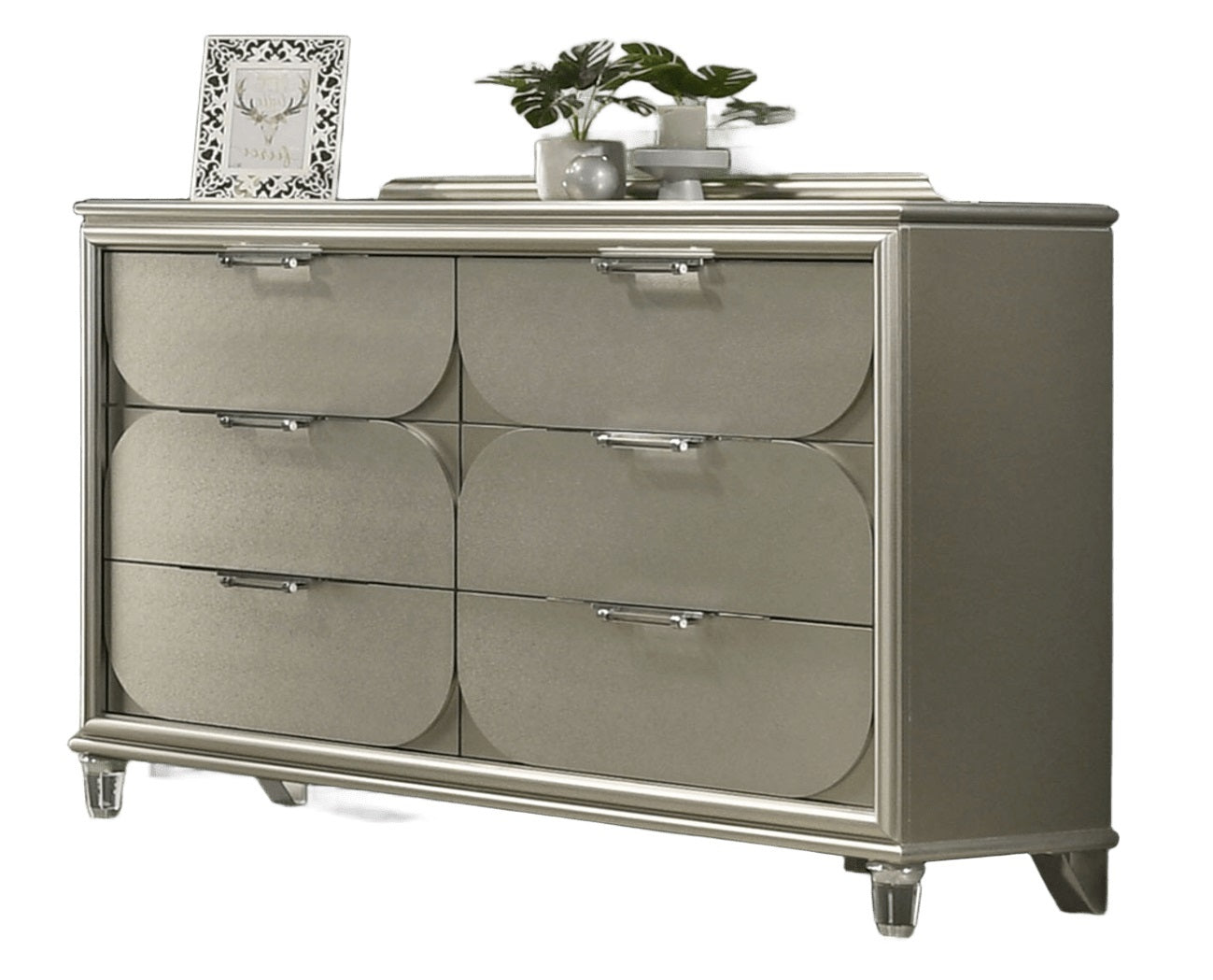 Contemporary Silver 1pc Dresser Acrylic Handles Embossed Panels English Dovetails 6-Drawers Dresser