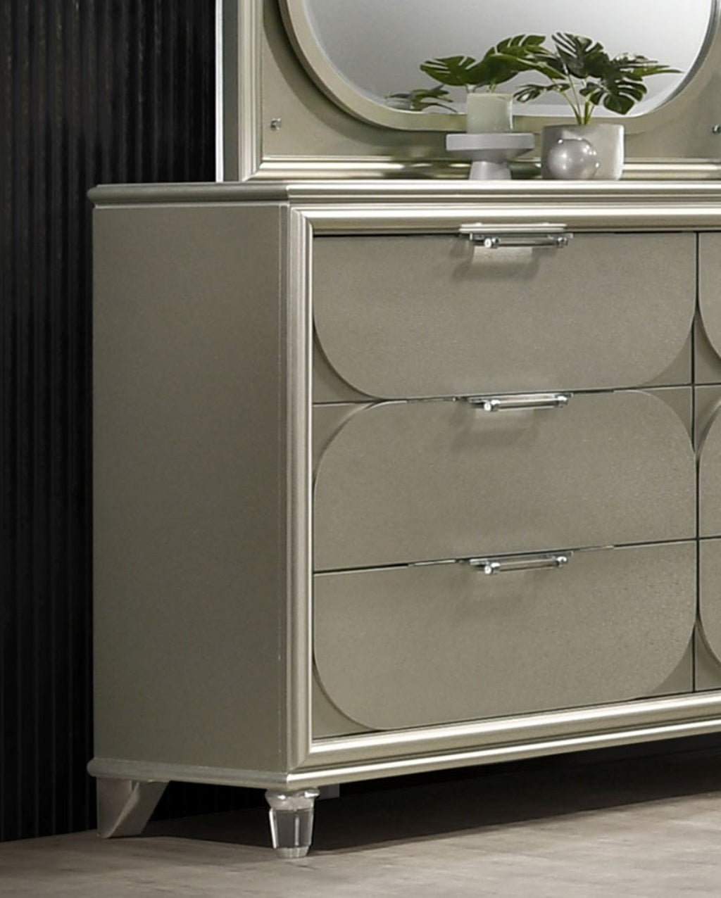 Contemporary Silver 1pc Dresser Acrylic Handles Embossed Panels English Dovetails 6-Drawers Dresser