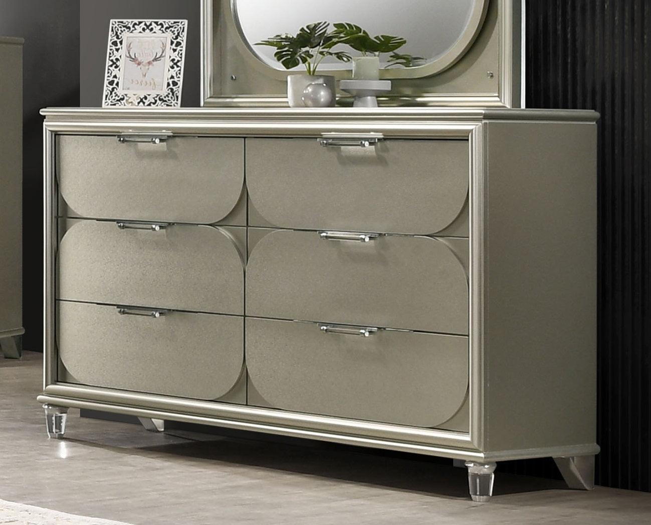 Contemporary Silver 1pc Dresser Acrylic Handles Embossed Panels English Dovetails 6-Drawers Dresser