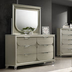 Contemporary Silver 6-Drawer Dresser with Embossed Panels.