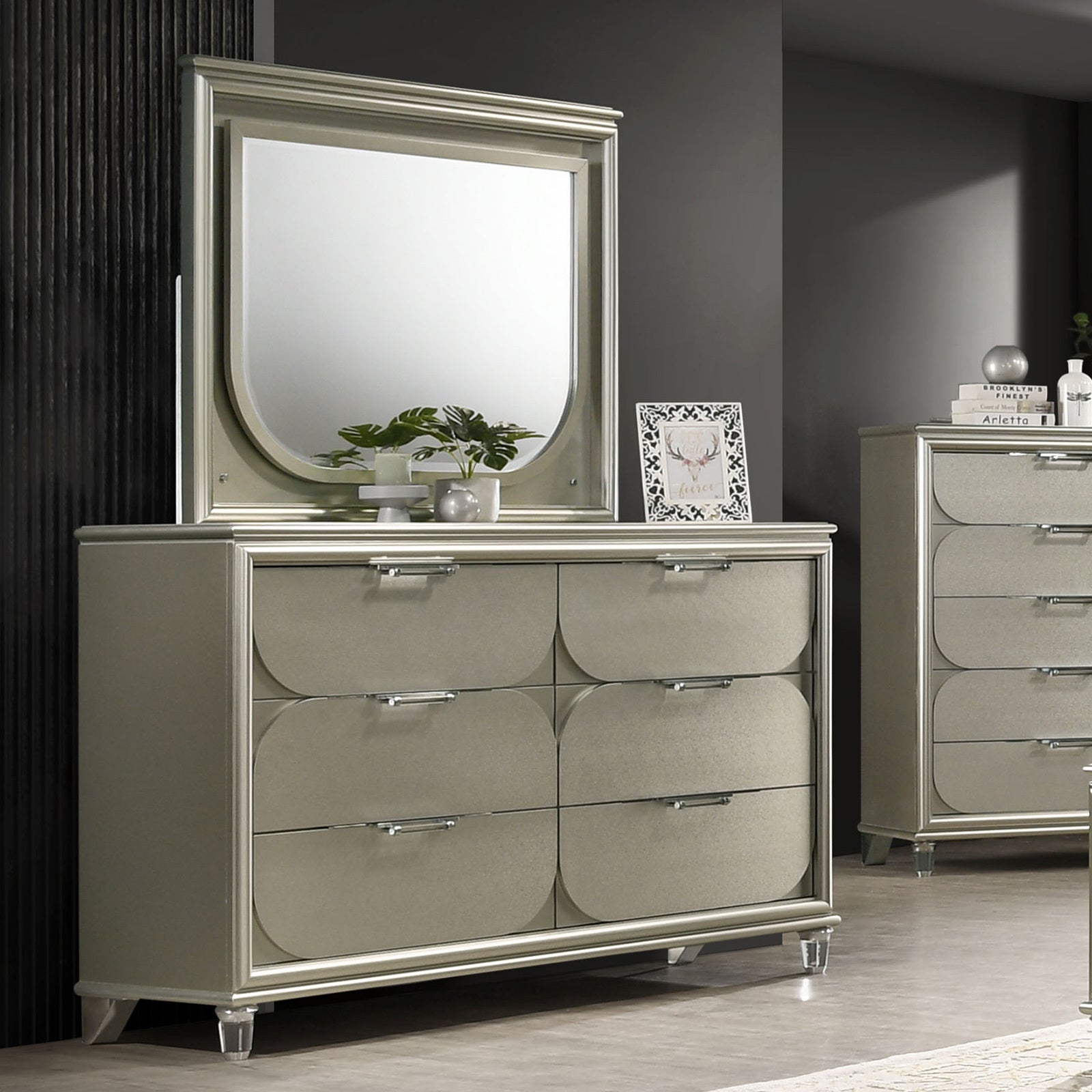 Contemporary Silver 6-Drawer Dresser with Embossed Panels.