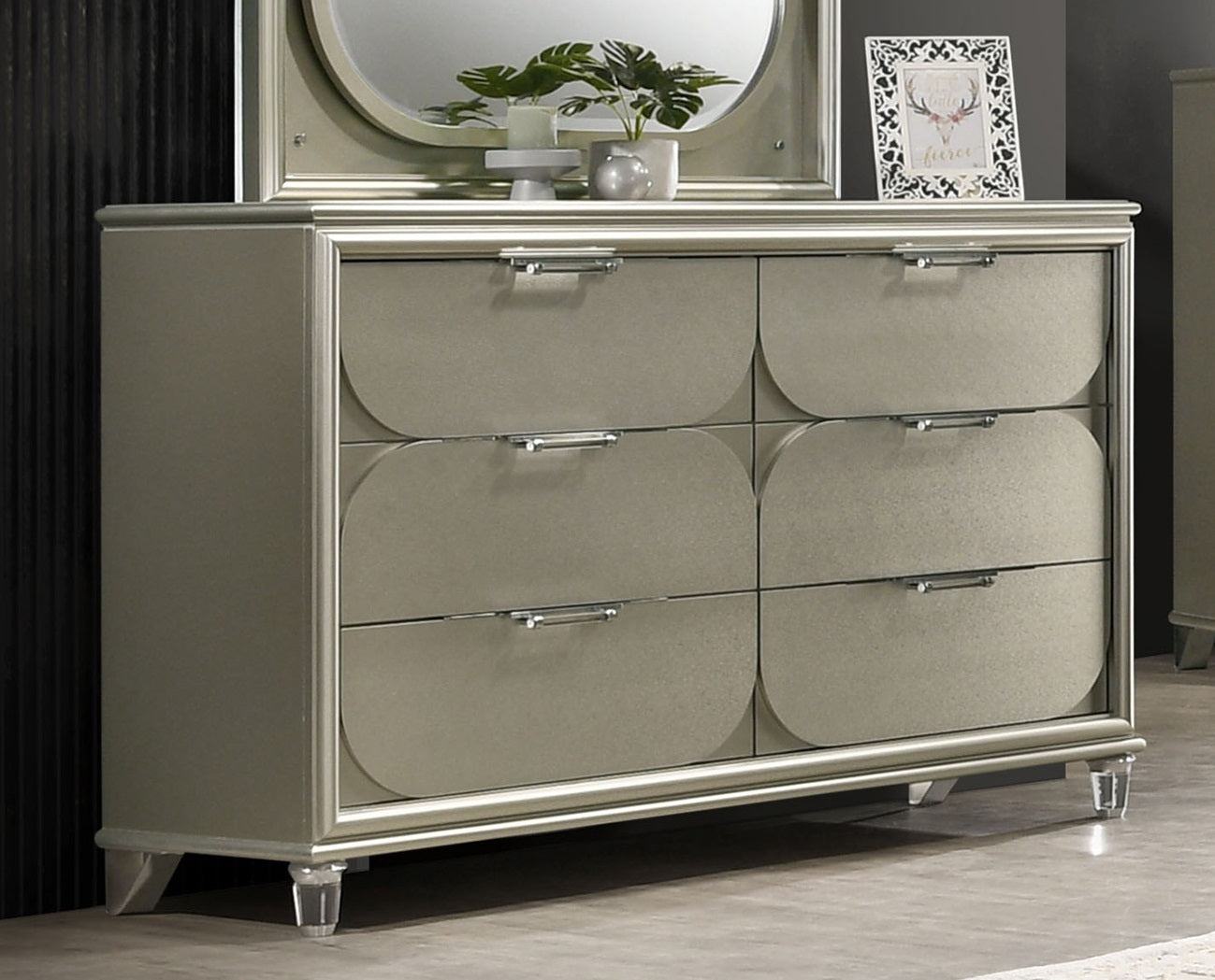 Contemporary Silver 1pc Dresser Acrylic Handles Embossed Panels English Dovetails 6-Drawers Dresser