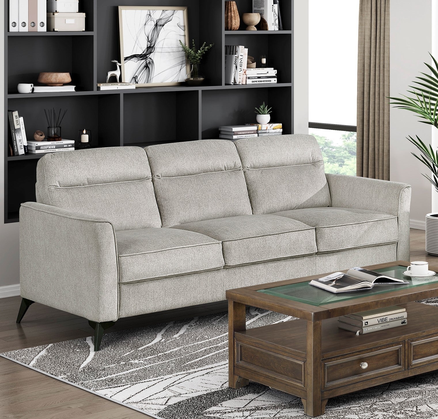 Modern Living Room Sofa Tan Microfiber Upholstery Comfortable Cushion Seat Couch Black Metal Legs Contemporary Furniture 1pc