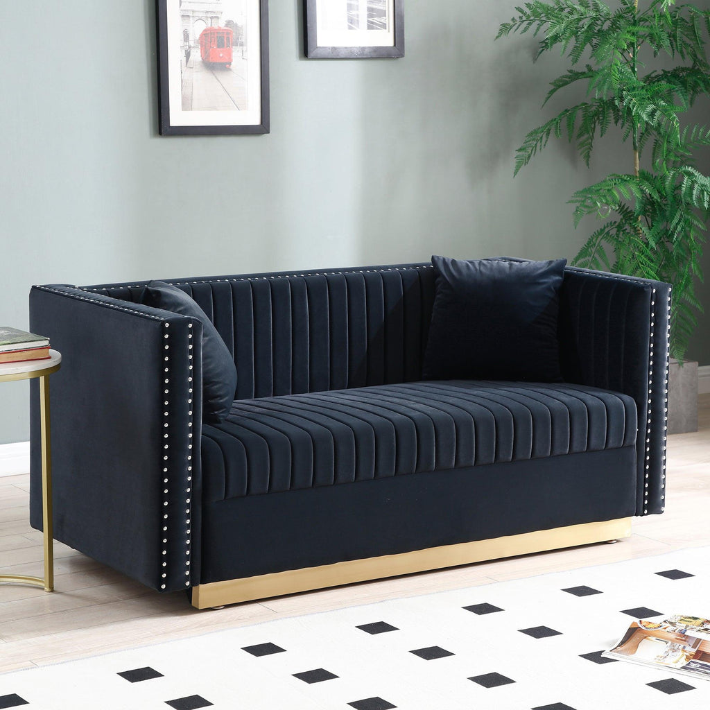 Contemporary Vertical Tufted Velvet Sofa Loveseat, Black.