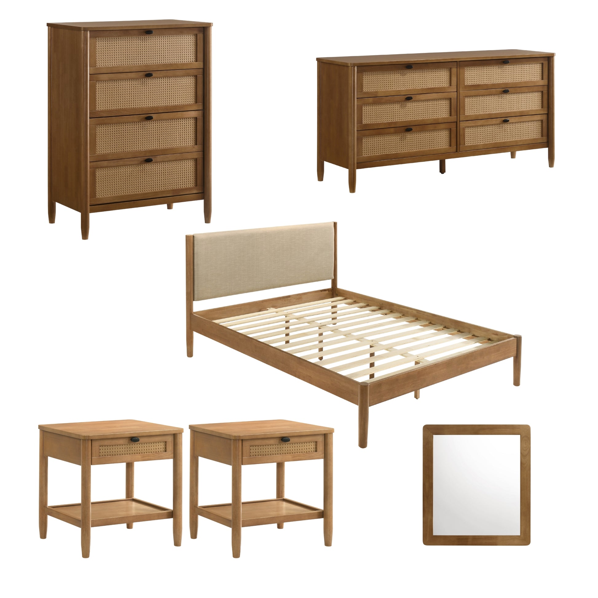 Vichy 6-Piece Rubberwood Bedroom Set with Textured Polyester Upholstered Queen Bed, Dresser, Mirror, Nightstand, and Chest