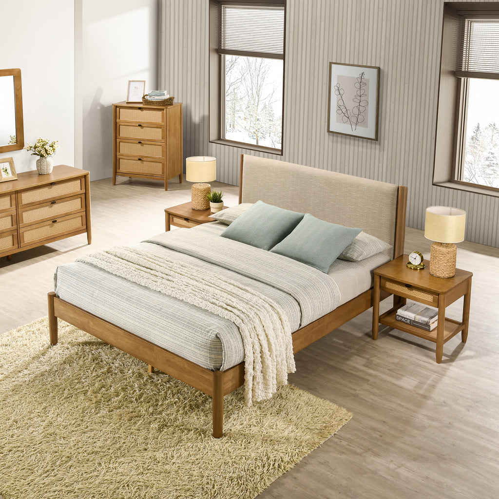 Vichy 6-Piece Rubberwood Bedroom Set with Textured Polyester Upholstered Queen Bed, Dresser, Mirror, Nightstand, and Chest