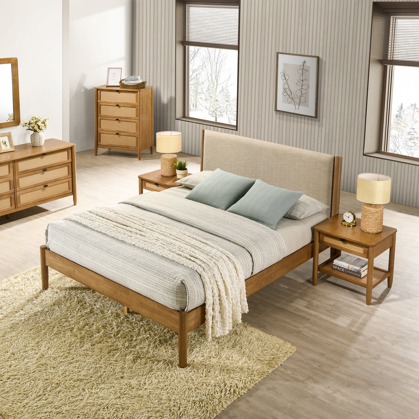 Vichy 6-Piece Rubberwood Bedroom Set with Textured Polyester Upholstered Queen Bed, Dresser, Mirror, Nightstand, and Chest