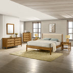 Vichy 6-Piece Rubberwood Bedroom Set with Textured Polyester Upholstered Queen Bed, Dresser, Mirror, Nightstand, and Chest