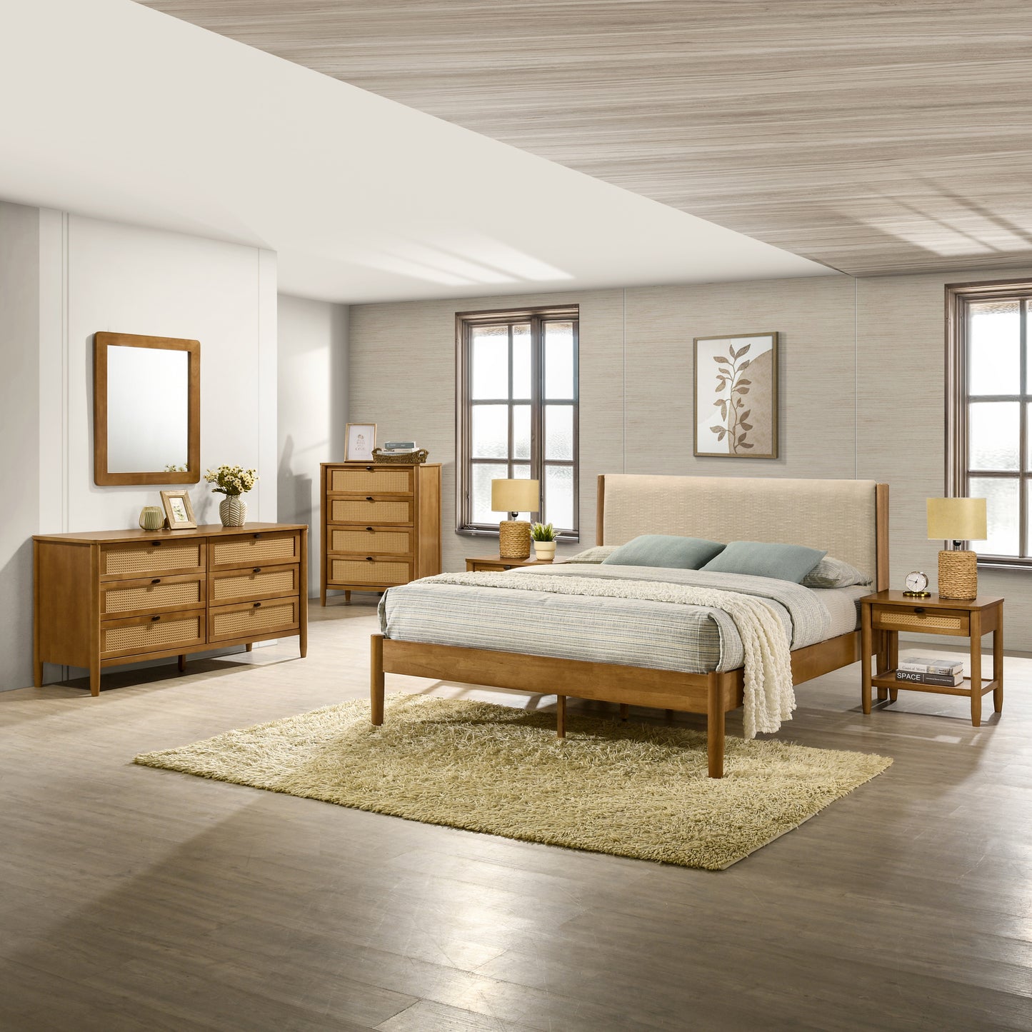 Vichy 6-Piece Rubberwood Bedroom Set with Textured Polyester Upholstered Queen Bed, Dresser, Mirror, Nightstand, and Chest