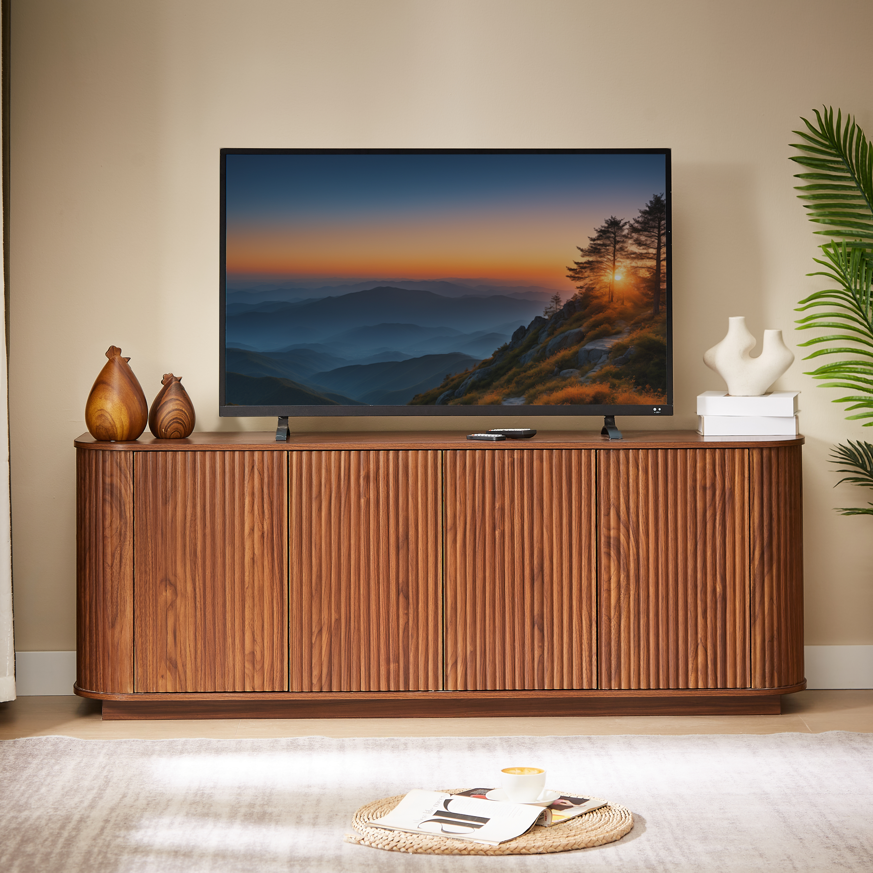 Sideboard Storage Cabinet TV Stand with wave pattern Buffet Cabinet Wooden Vertical Striped Cabinet for Kitchen/Bedroom/Entryway. Walnut, 64''W x 15''D x 24''H.