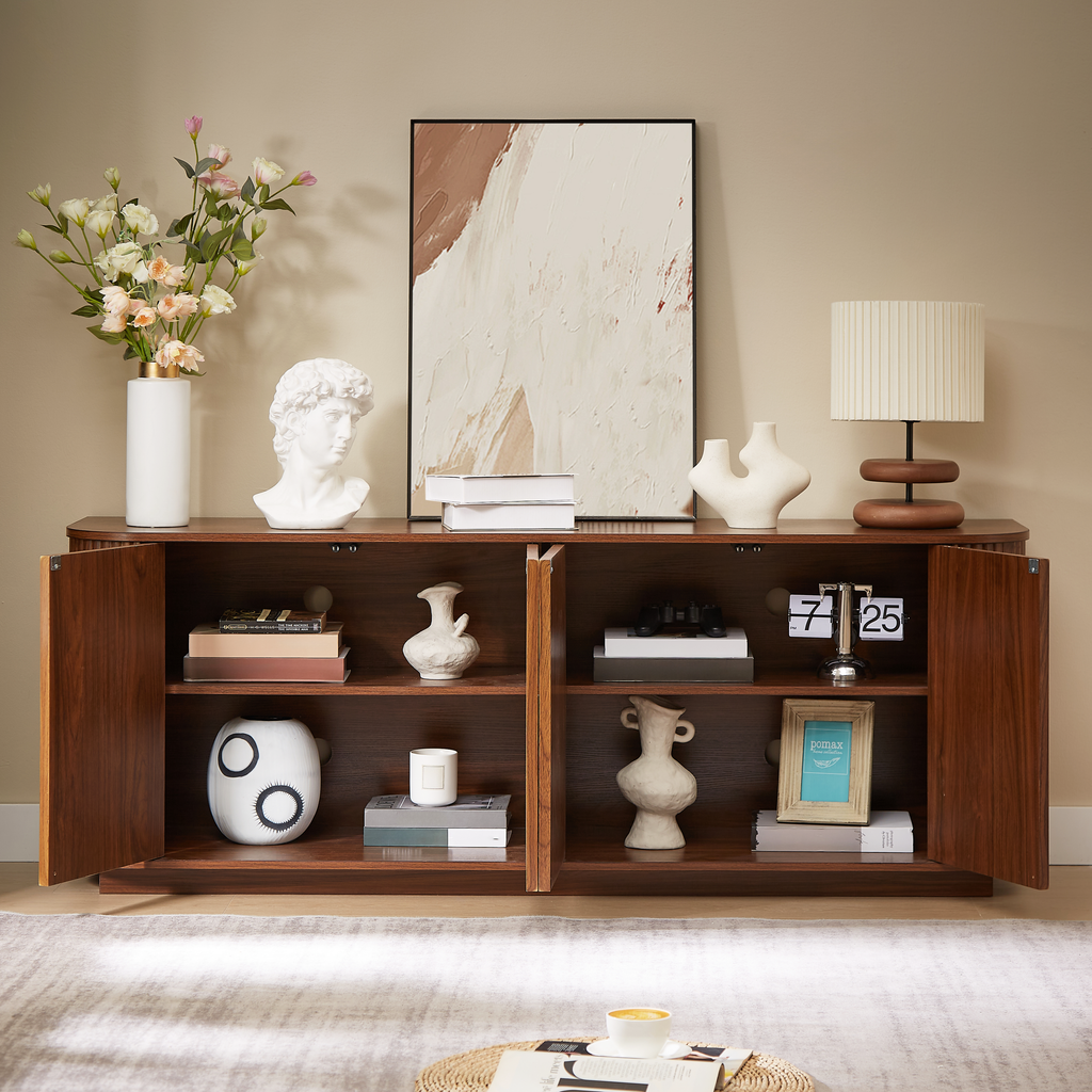 Sideboard Storage Cabinet TV Stand with wave pattern Buffet Cabinet Wooden Vertical Striped Cabinet for Kitchen/Bedroom/Entryway. Walnut, 64''W x 15''D x 24''H.
